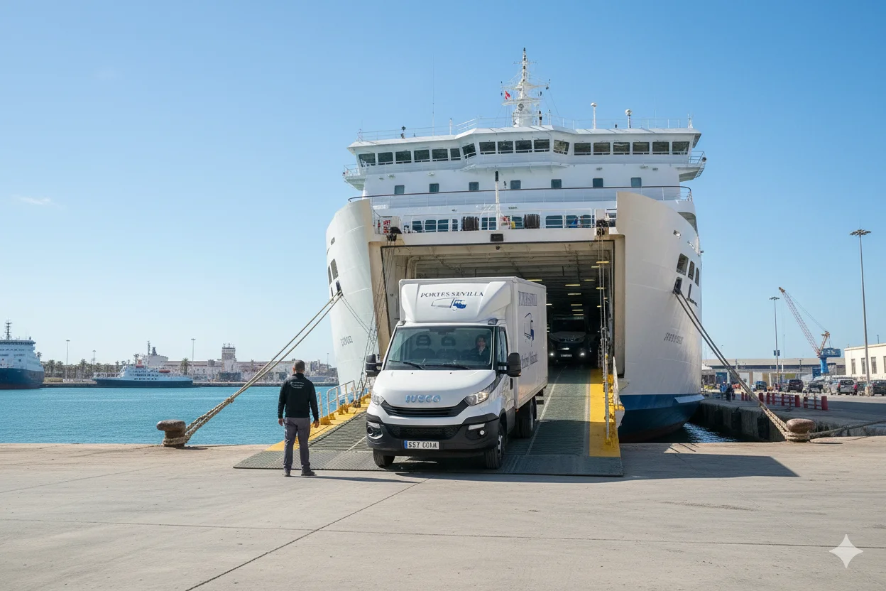 Mudanzas Sevilla Formentera - Camión Portes Sevilla embarcando en ferry hacia Baleares